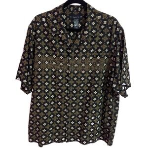 Vtg. Claiborne 100% Silk Black and Gold Geometric Button-Up Shirt
